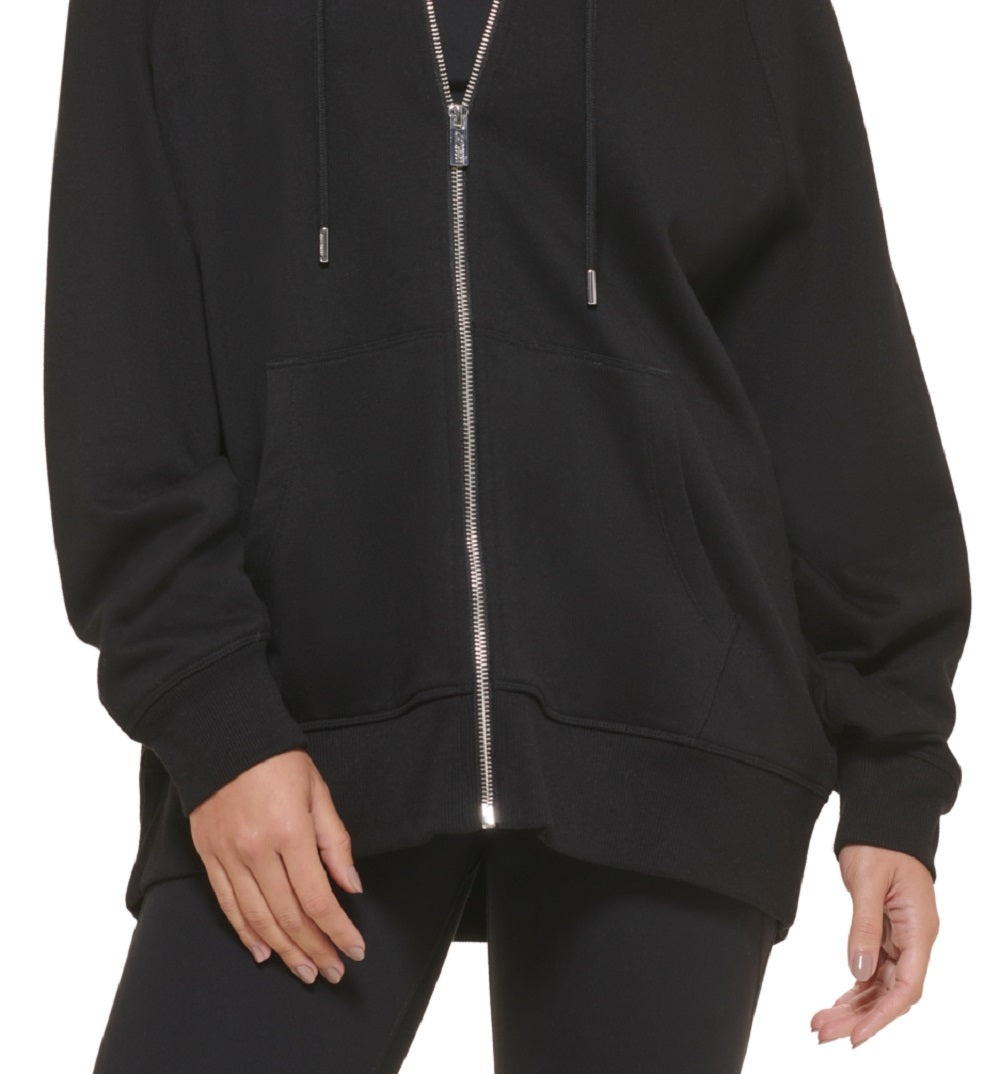 DKNY Moletom com capuz feminino grande de algodão com zíper, preto, tamanho grande