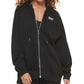 DKNY Moletom com capuz feminino grande de algodão com zíper, preto, tamanho grande