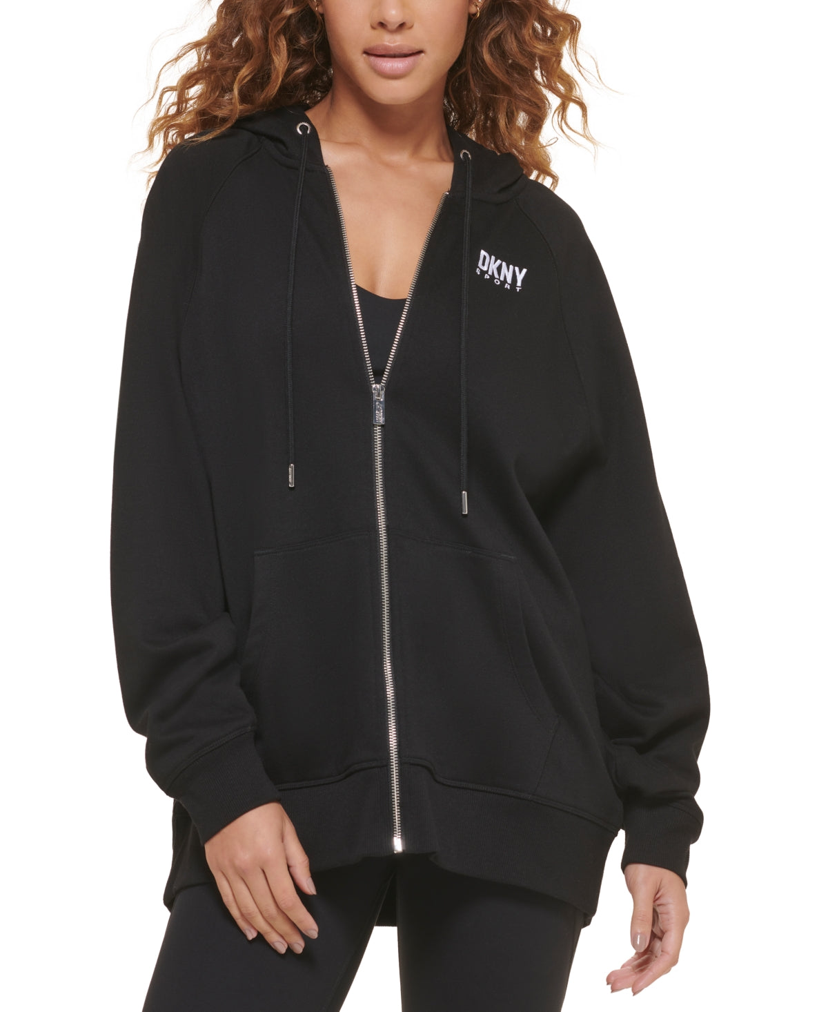 DKNY Moletom com capuz feminino grande de algodão com zíper, preto, tamanho grande