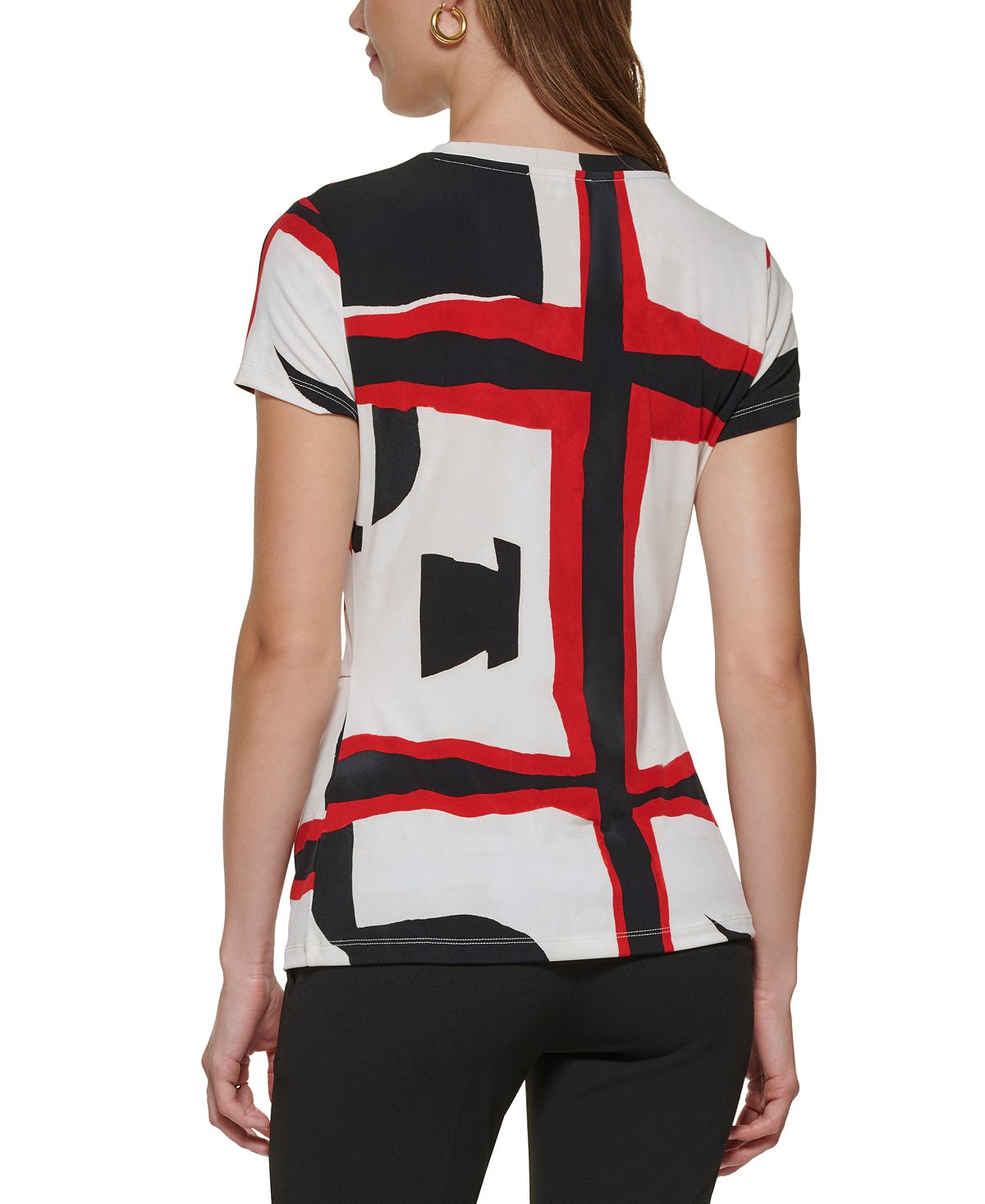 Blusa de malha feminina DKNY com estampa de nó lateral e manga curta, vermelha, tamanho pequeno