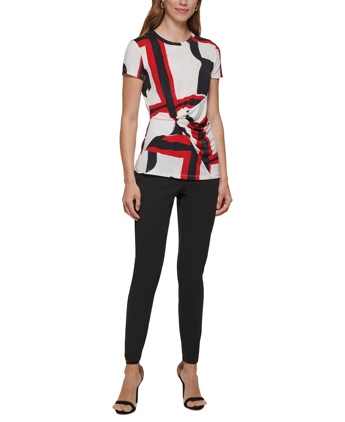 Blusa de malha feminina DKNY com estampa de nó lateral e manga curta, vermelha, tamanho pequeno