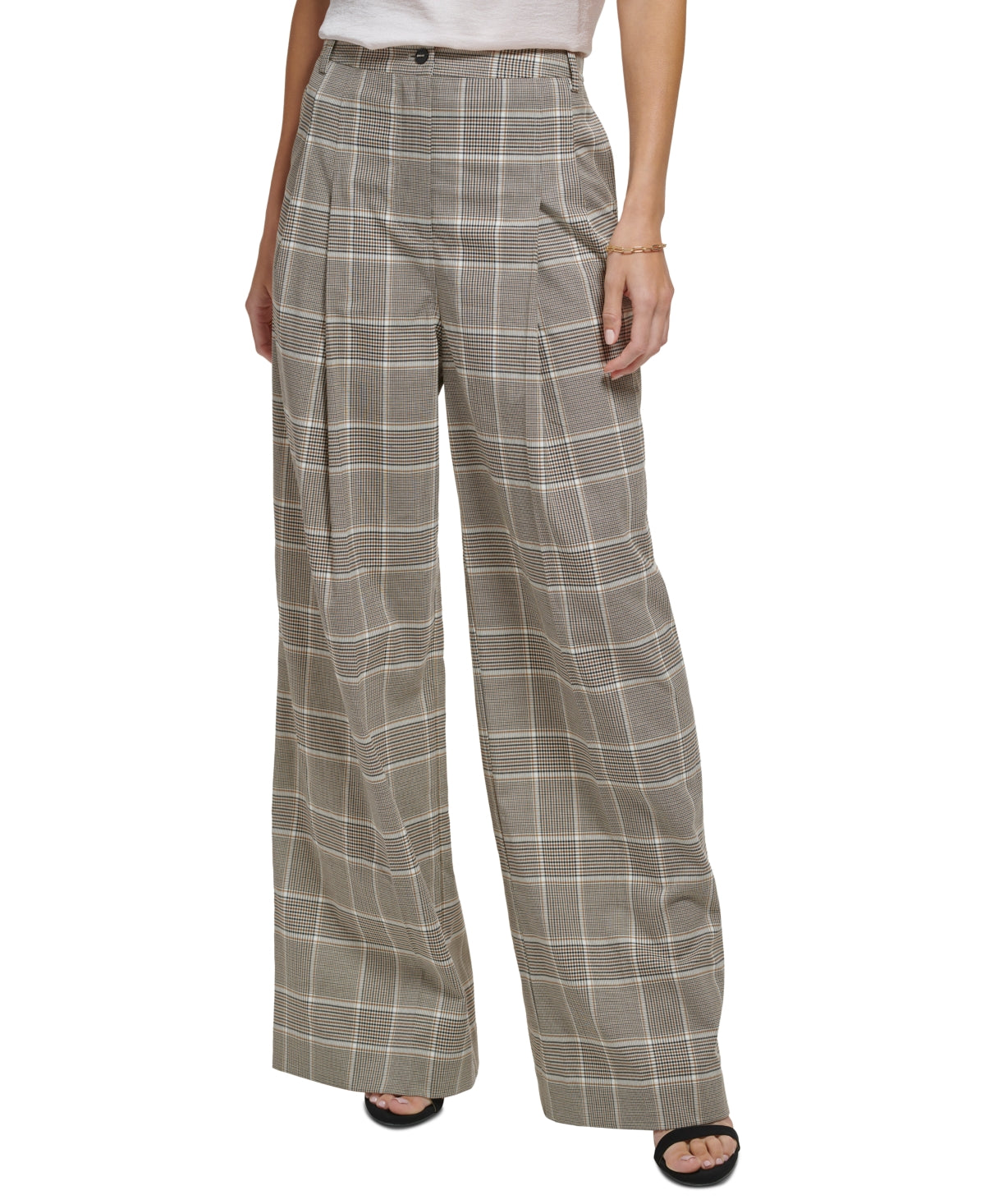 DKNY Petite Plaid Print Wide Leg Essex Pants Roasted Pecan Multi