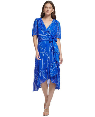 Vestido envelope falso com manga bufante metálica estampada DKNY feminino, azul, tamanho 14