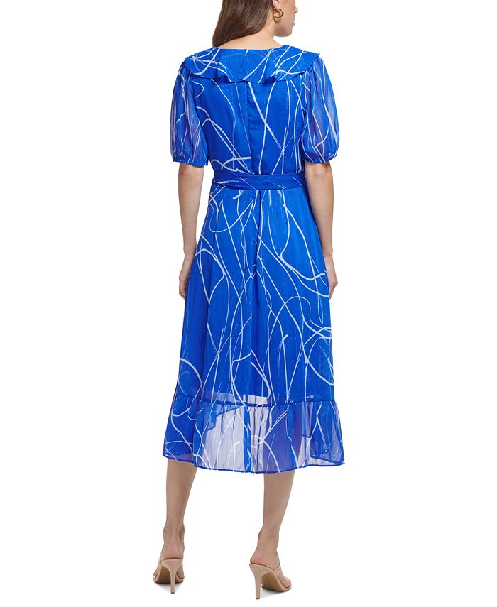 Vestido envelope falso com manga bufante metálica estampada DKNY feminino, azul, tamanho 14