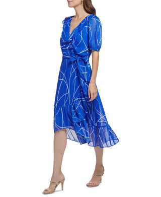 Vestido envelope falso com manga bufante metálica estampada DKNY feminino, azul, tamanho 14
