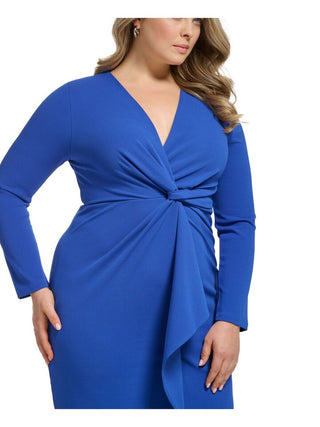 Vestido feminino DKNY com decote em V e manga comprida, torcido na frente, azul, tamanho 18W