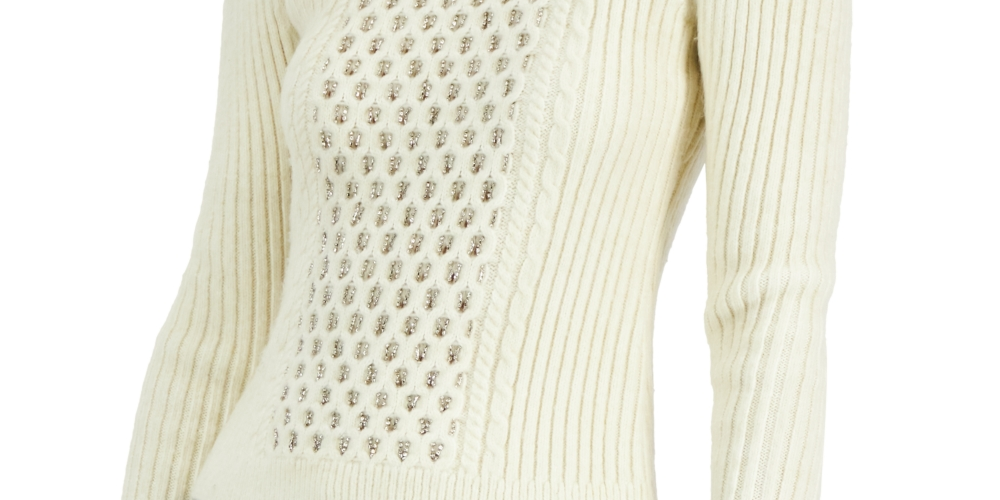 Suéter Donna Karan Feminino com Corrente de Cristal e Ombros Vazados, Branco, Tamanho XX-S