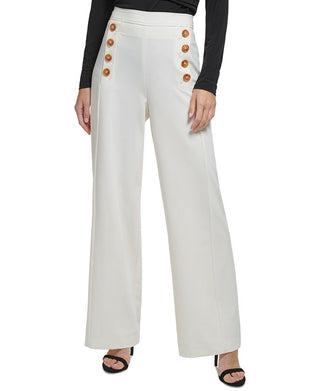 Calça de marinheiro feminina DKNY com acabamento em botões e perna larga, bege, tamanho 8