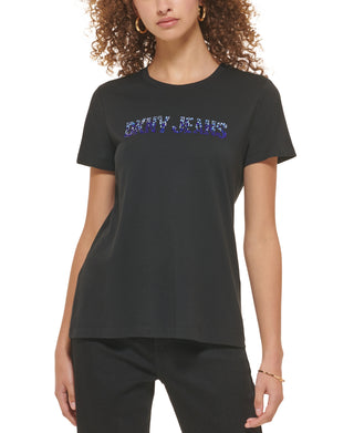 Camiseta feminina DKNY com gola redonda e logotipo de strass, preta, tamanho pequeno