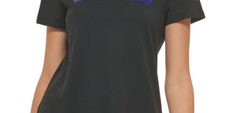 Camiseta feminina DKNY com gola redonda e logotipo de strass, preta, tamanho pequeno