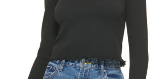 Blusa feminina DKNY com decote quadrado e borda alface, preta, tamanho extragrande