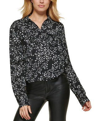 DKNY Feminino Estampa Estrela Botões Frontais Cano Alto Baixo Preto Tamanho Médio