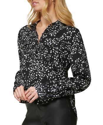 DKNY Feminino Estampa Estrela Botões Frontais Cano Alto Baixo Preto Tamanho Médio