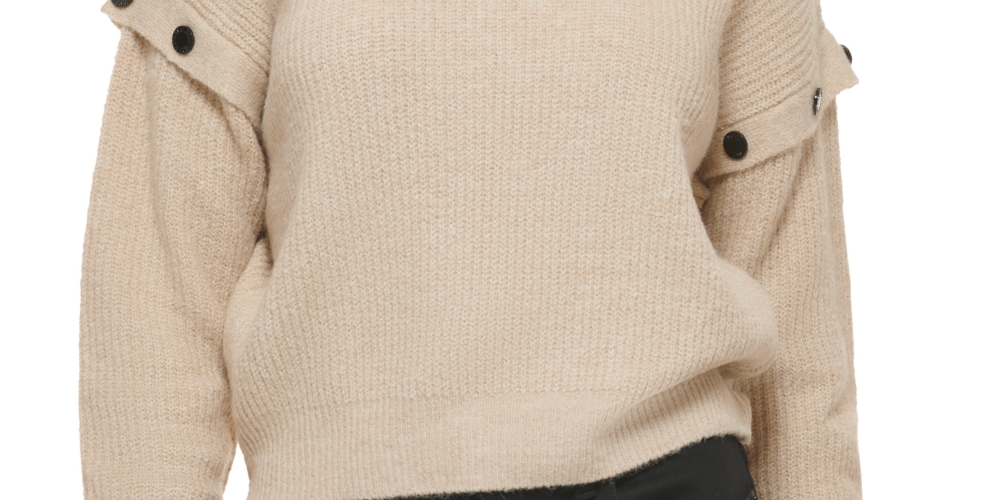 Suéter feminino DKNY de manga comprida com ombros caídos, bege, tamanho extragrande