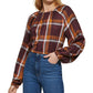 Blusa camponesa de manga comprida com estampa xadrez feminina DKNY, marrom, tamanho grande