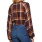 Blusa camponesa de manga comprida com estampa xadrez feminina DKNY, marrom, tamanho grande