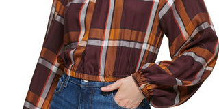 Blusa camponesa de manga comprida com estampa xadrez feminina DKNY, marrom, tamanho XS