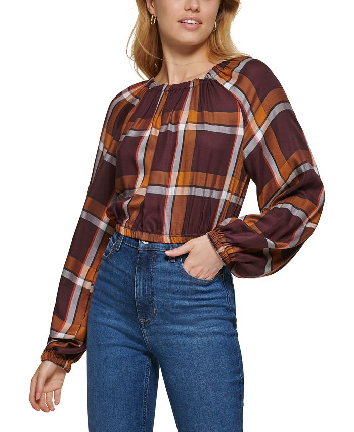 Blusa camponesa de manga comprida com estampa xadrez feminina DKNY, marrom, tamanho XX-S
