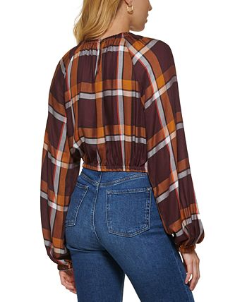 Blusa camponesa de manga comprida com estampa xadrez feminina DKNY, marrom, tamanho XX-S
