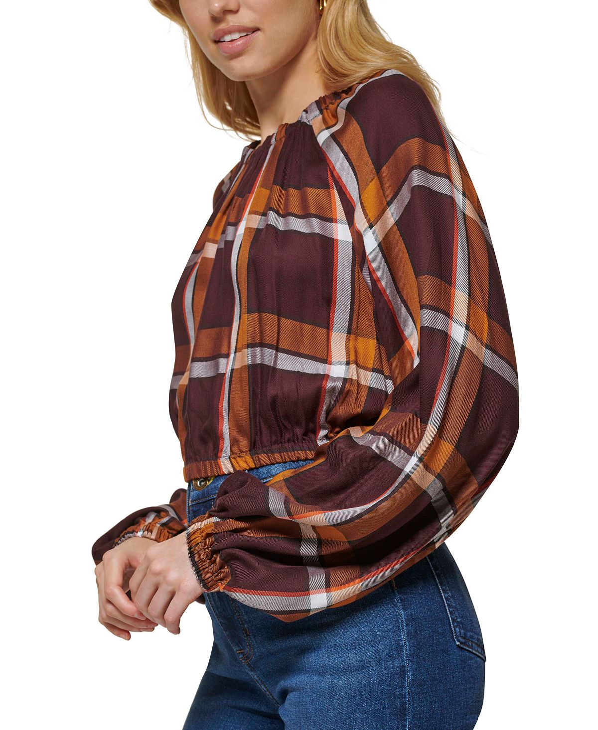 Blusa camponesa de manga comprida com estampa xadrez feminina DKNY, marrom, tamanho XX-S