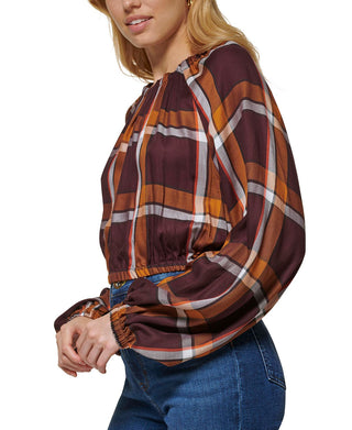 DKNY Women's Plaid Print Long Sleeve Peasant Top Brown Size XX-Small