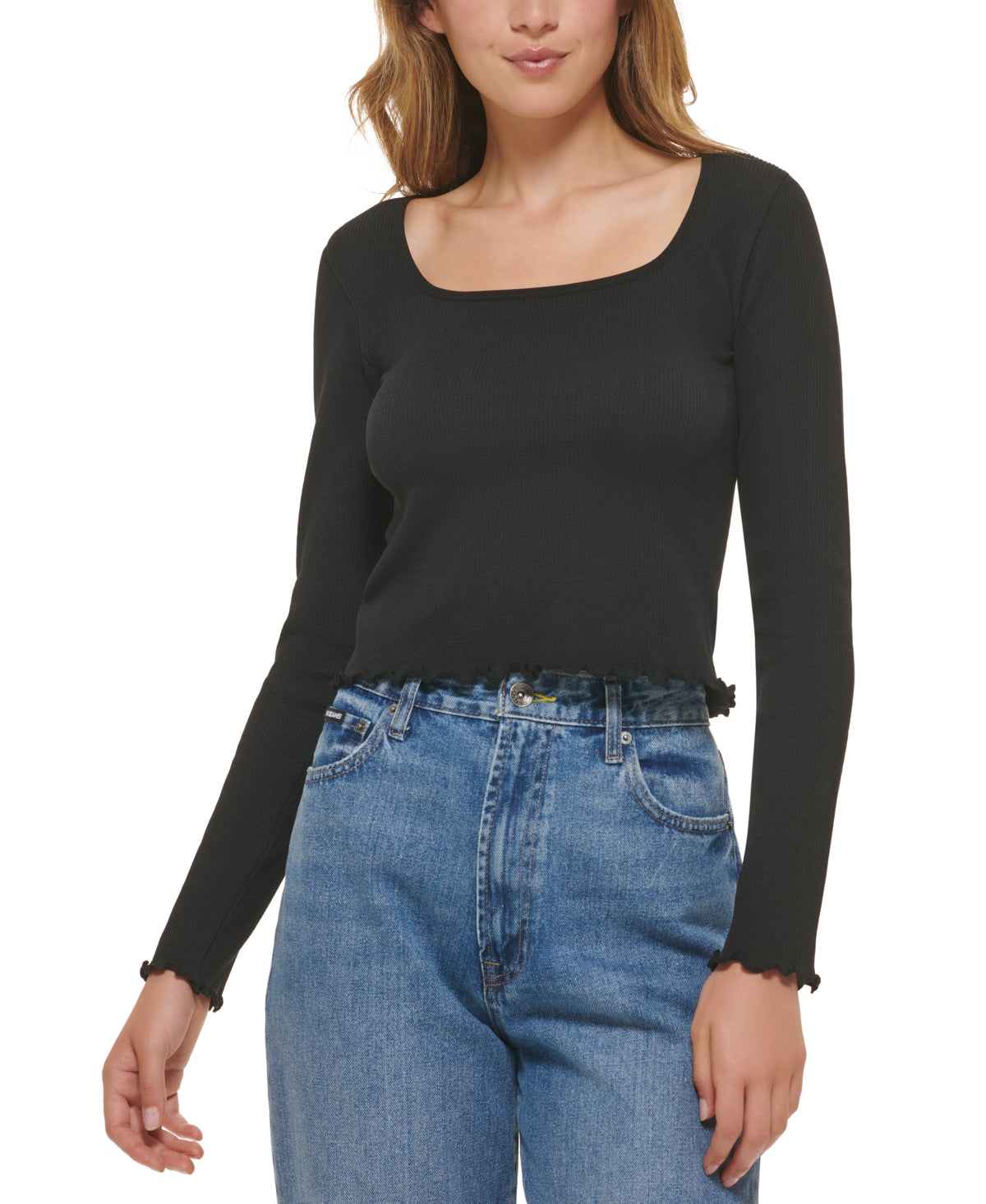 Blusa feminina DKNY com decote quadrado e acabamento em alface, preta, tamanho pequeno