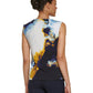 Blusa feminina DKNY estampada com zíper no ombro, sem mangas, azul, tamanho X-S