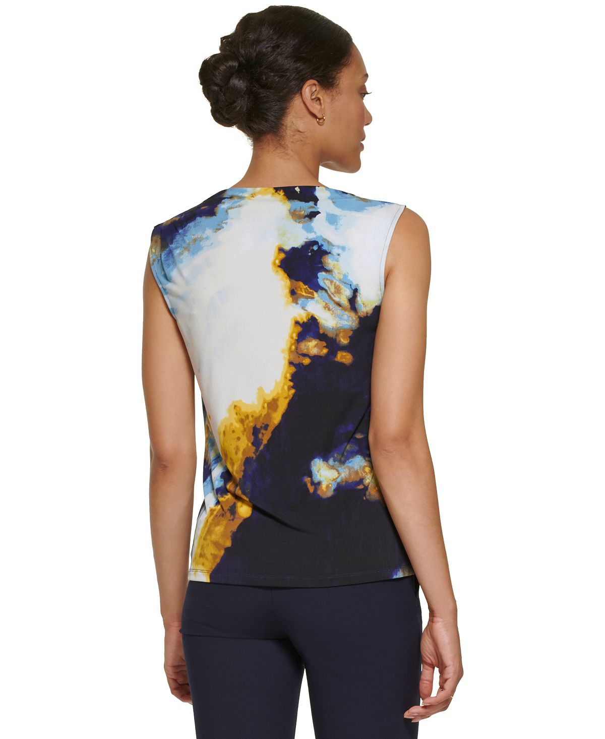 Blusa feminina DKNY estampada com zíper no ombro, sem mangas, azul, tamanho X-S