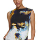 Blusa feminina DKNY estampada com zíper no ombro, sem mangas, azul, tamanho X-S
