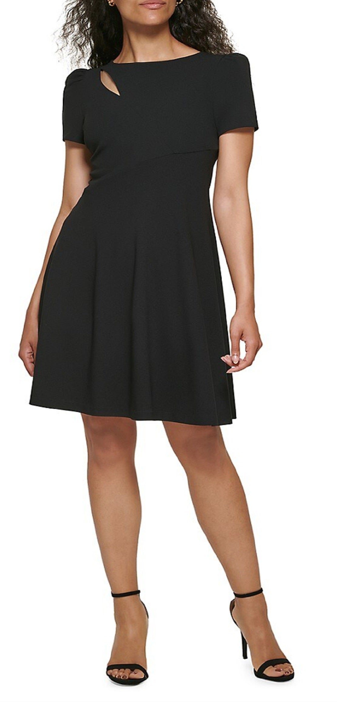 Vestido feminino DKNY com manga curta e recorte flare, preto, tamanho 14