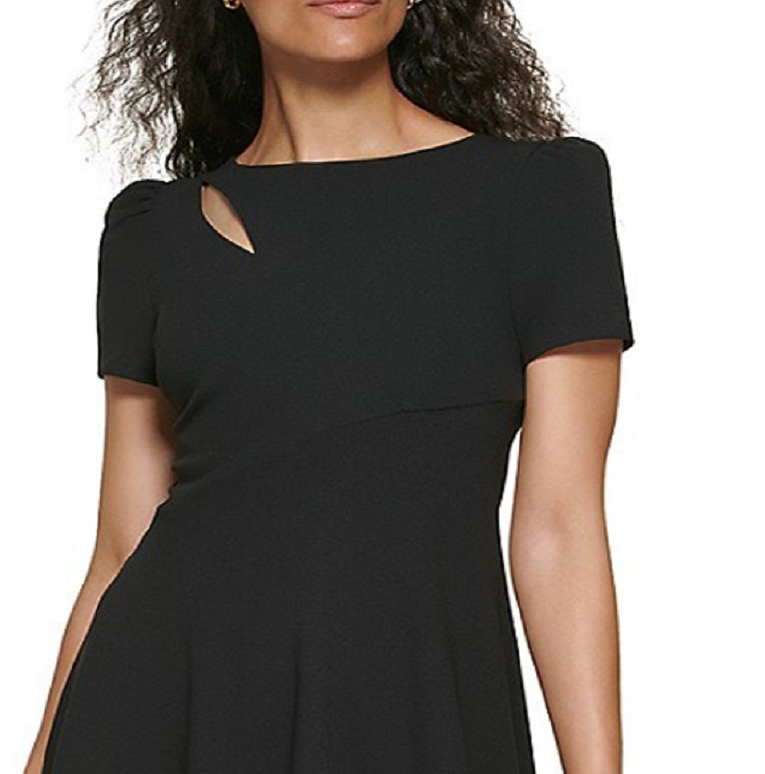 Vestido feminino DKNY com manga curta e recorte flare, preto, tamanho 14