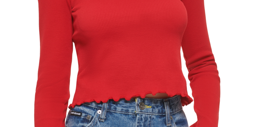 Blusa feminina DKNY com decote quadrado e borda alface, vermelha, tamanho grande