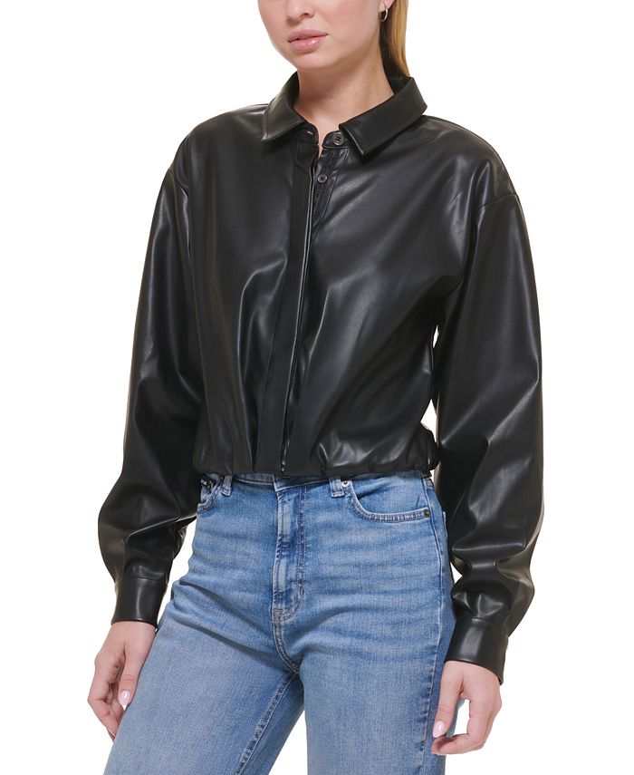 DKNY Feminino Ls PU Botão Oculto Frente Cropped - Camisa Preta Tamanho X-S