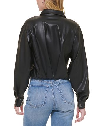 DKNY Feminino Ls PU Botão Oculto Frente Cropped - Camisa Preta Tamanho X-S