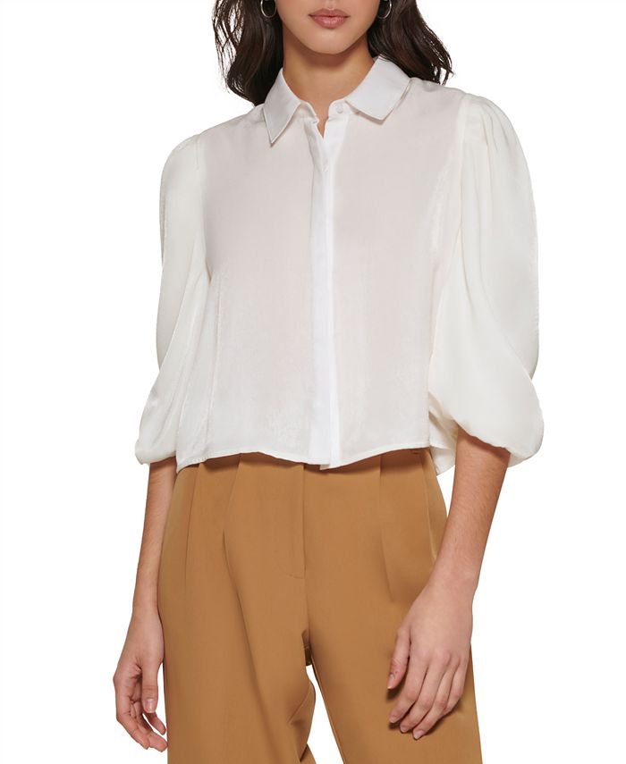 Blusa curta de cetim feminina DKNY com manga bufante, branca, tamanho grande