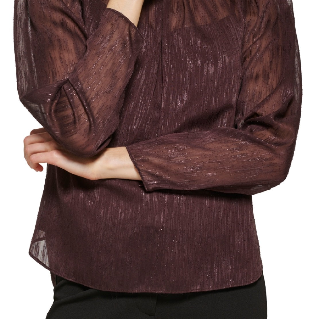 Blusa feminina metálica de manga comprida DKNY vermelha tamanho médio