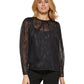 Blusa feminina metálica de manga comprida DKNY, preta, tamanho médio