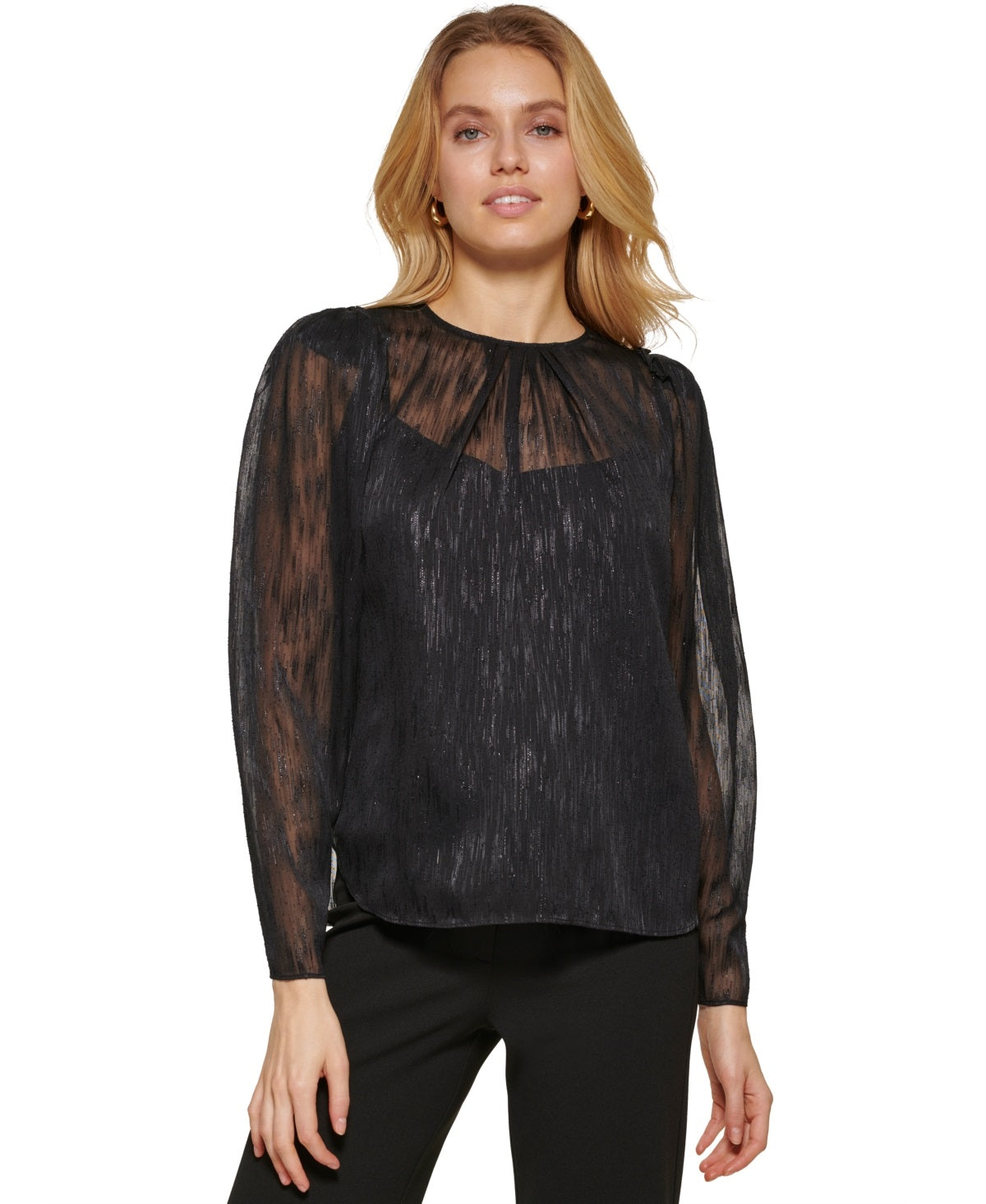 Blusa feminina metálica de manga comprida DKNY, preta, tamanho médio