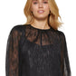 Blusa feminina metálica de manga comprida DKNY, preta, tamanho médio