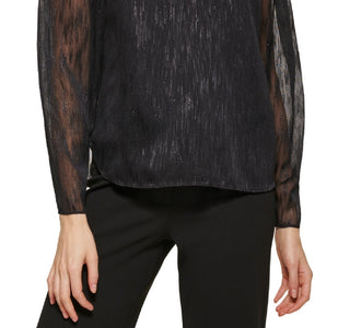 Blusa feminina metálica de manga comprida DKNY, preta, tamanho médio