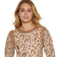 Suéter feminino DKNY com gola redonda e lantejoulas e leopardo, marrom, tamanho pequeno
