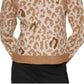 Suéter feminino DKNY com gola redonda e lantejoulas e leopardo, marrom, tamanho pequeno