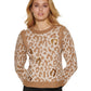 Suéter feminino DKNY com gola redonda e lantejoulas e leopardo, marrom, tamanho pequeno