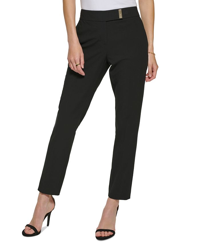 Calça feminina DKNY de cintura média com aba estendida e perna reta, preta, tamanho 12