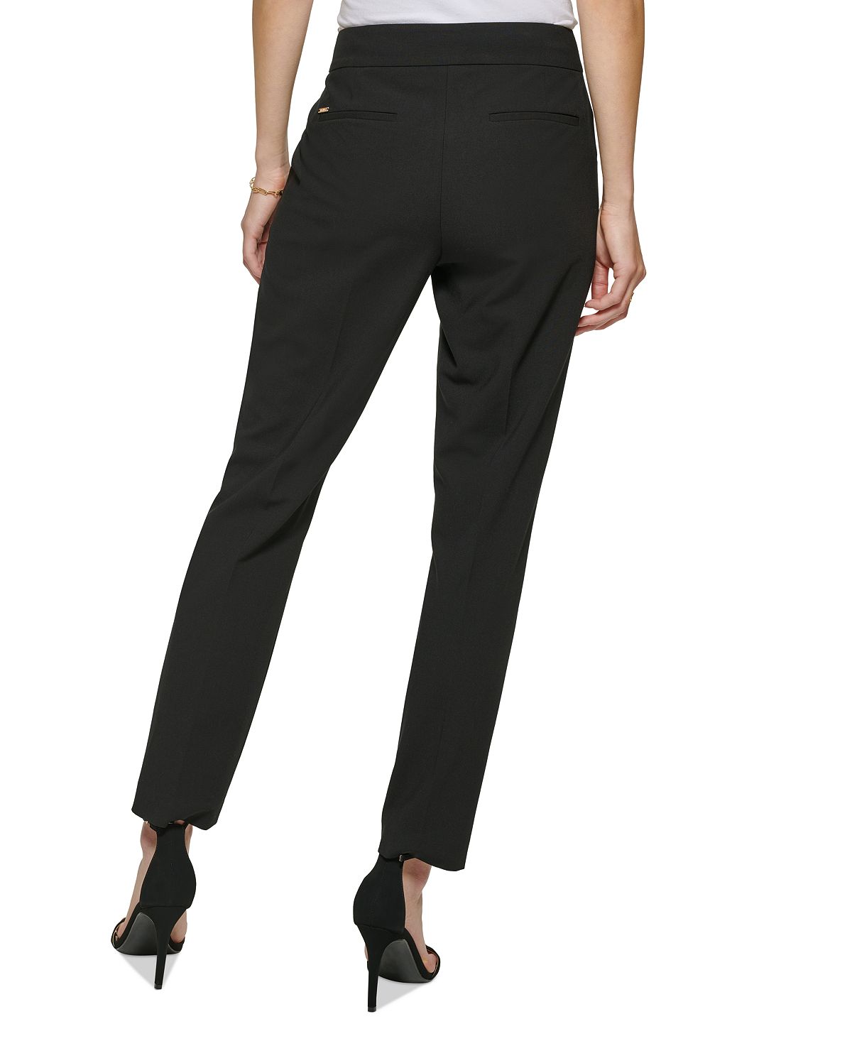 Calça feminina DKNY de cintura média com aba estendida e perna reta, preta, tamanho 12