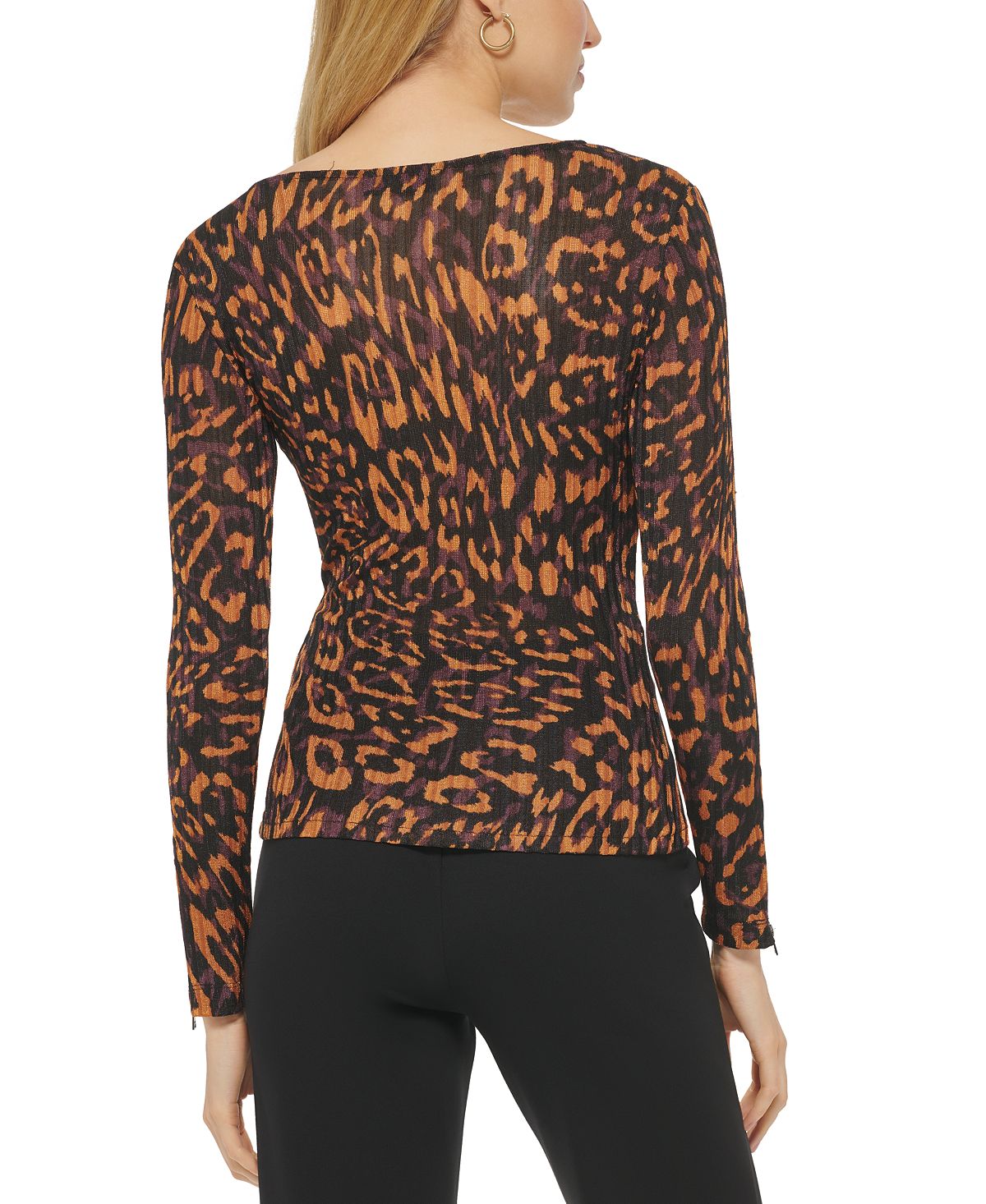 Blusa feminina DKNY estampada com decote em V e manga comprida, tamanho grande, marrom