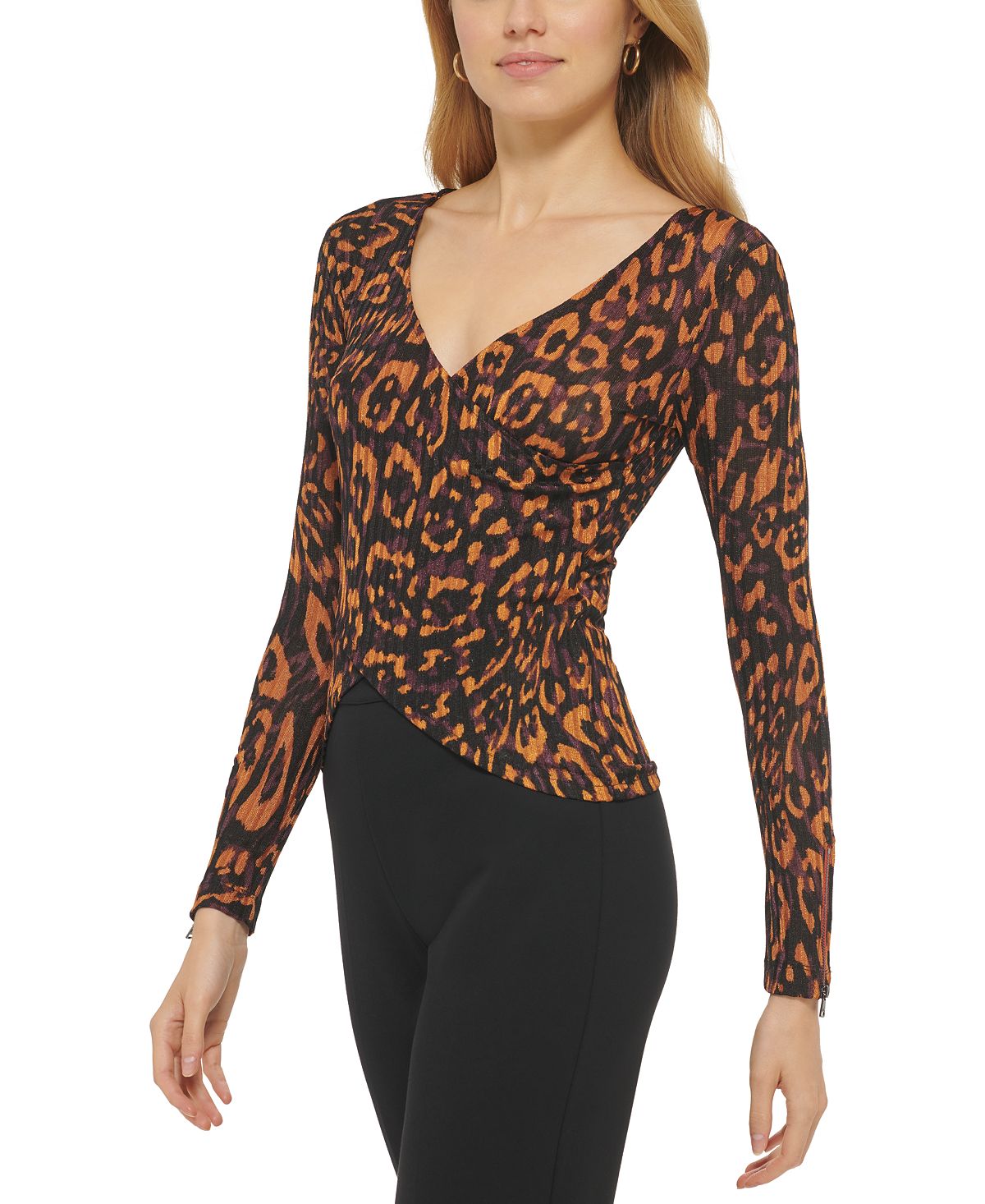 Blusa feminina DKNY estampada com decote em V e manga comprida, tamanho grande, marrom