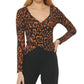 Blusa feminina DKNY estampada com decote em V e manga comprida, tamanho médio, marrom