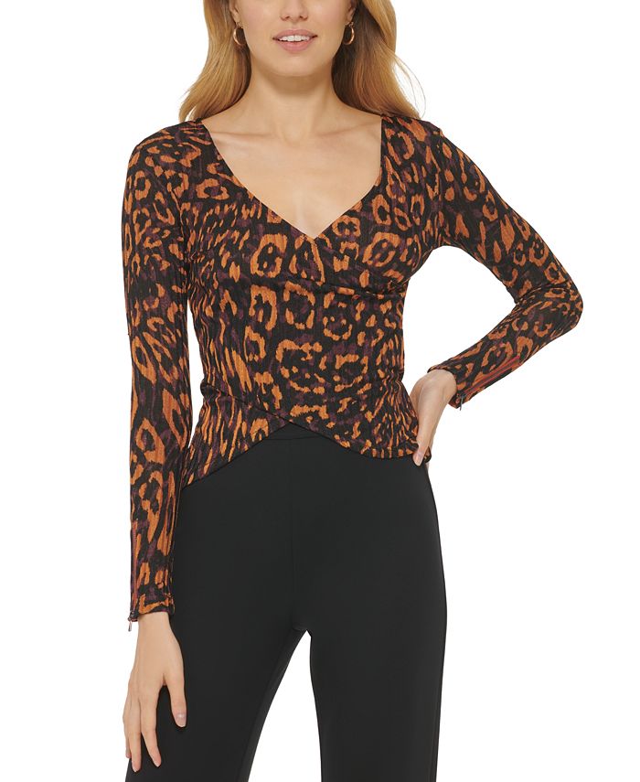 Blusa feminina DKNY estampada com decote em V e manga comprida, tamanho médio, marrom