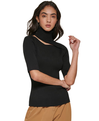 Suéter feminino DKNY com recorte na manga cotovelo e gola alta canelada, preto, tamanho médio